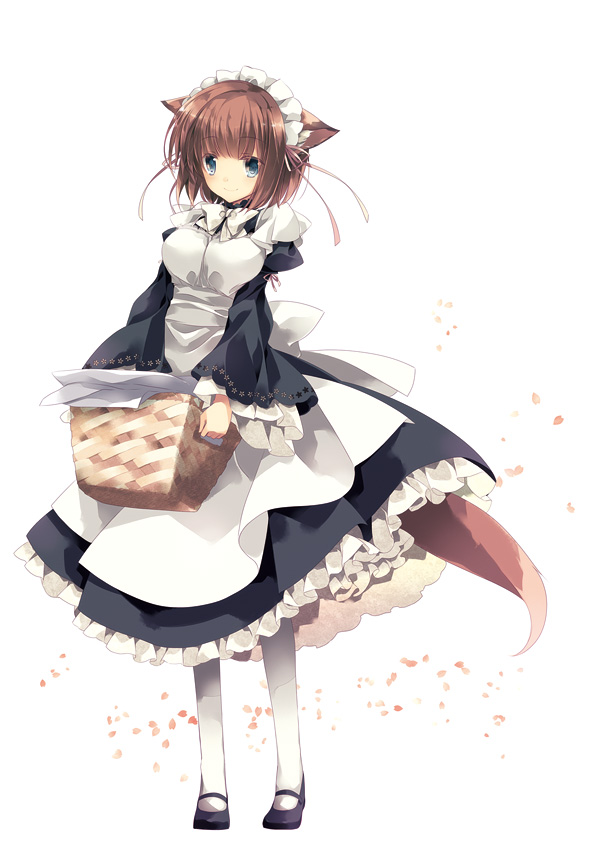 1girl animal_ears blue_eyes brown_hair carrying cat_ears cat_tail full_body laundry_basket looking_at_viewer maid maid_headdress mary_janes mizuki_(pixiv2254368) original petals shoes short_hair smile solo standing tail white_legwear