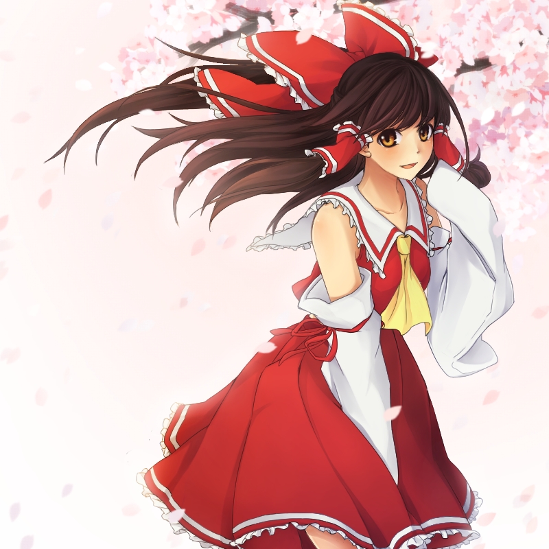 1girl amber_eyes ascot bare_shoulders bow brown_hair cherry_blossoms cowboy_shot detached_sleeves hair_bow hair_tubes hakurei_reimu hand_in_hair long_hair looking_at_viewer nemunemu_(bluelight5) nontraditional_miko open_mouth solo touhou