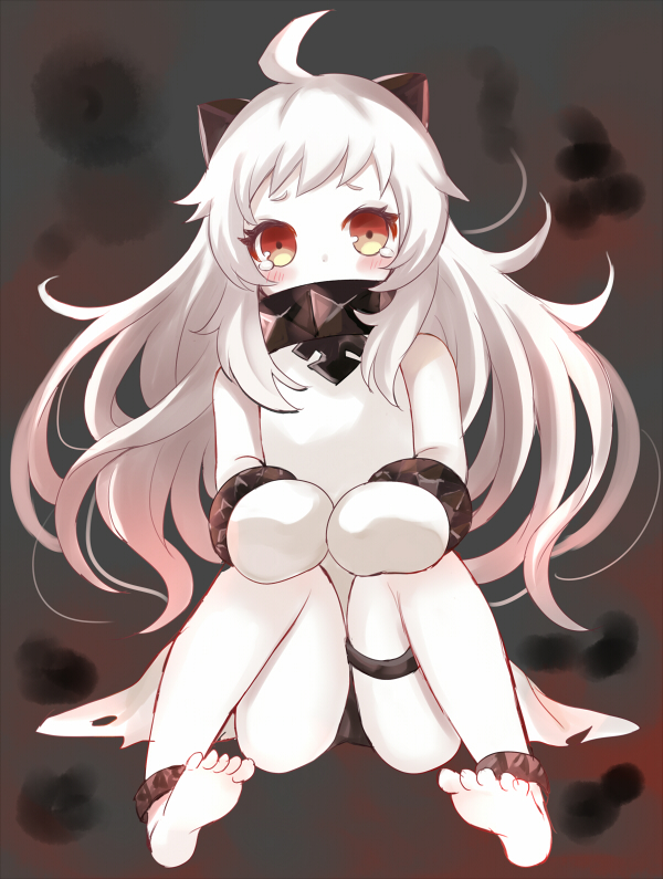 1girl ahoge bare_shoulders barefoot black_panties blush covered_mouth dress gloves hands_on_knees harimoji horns kantai_collection knees_up long_hair looking_at_viewer mittens northern_ocean_hime pale_skin panties pantyshot pantyshot_(sitting) red_eyes shinkaisei-kan sitting solo tears underwear white_dress white_gloves white_hair