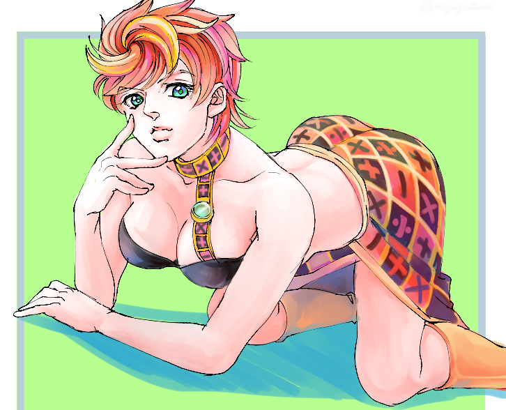 1girl breasts cleavage green_eyes jojo_no_kimyou_na_bouken large_breasts ni_no_se pink_hair short_hair solo trish_una