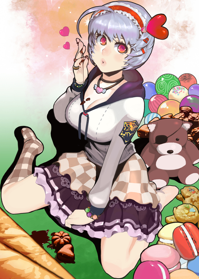 1girl ahoge blown_kiss breasts candy checkered checkered_skirt choker cleavage commentary hairband heart jewelry large_breasts lips macaron necklace original red_eyes ring silver_hair sitting skirt slender_waist solo steward_b stuffed_animal stuffed_toy teddy_bear wariza