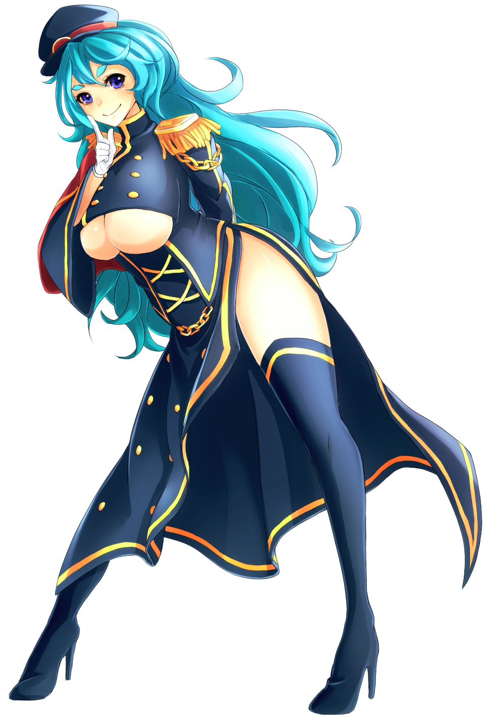 1girl aqua_hair arm_behind_back blue_eyes boots breasts epaulettes eyebrows finger_to_mouth gloves hat highres imagawa_yoshimoto_(sengoku_collection) large_breasts leaning_forward legs_apart long_hair looking_at_viewer military military_uniform nemunemu_(bluelight5) sengoku_collection smile solo standing thick_eyebrows thick_thighs thigh-highs thigh_boots thighs under_boob uniform white_gloves wide_stance