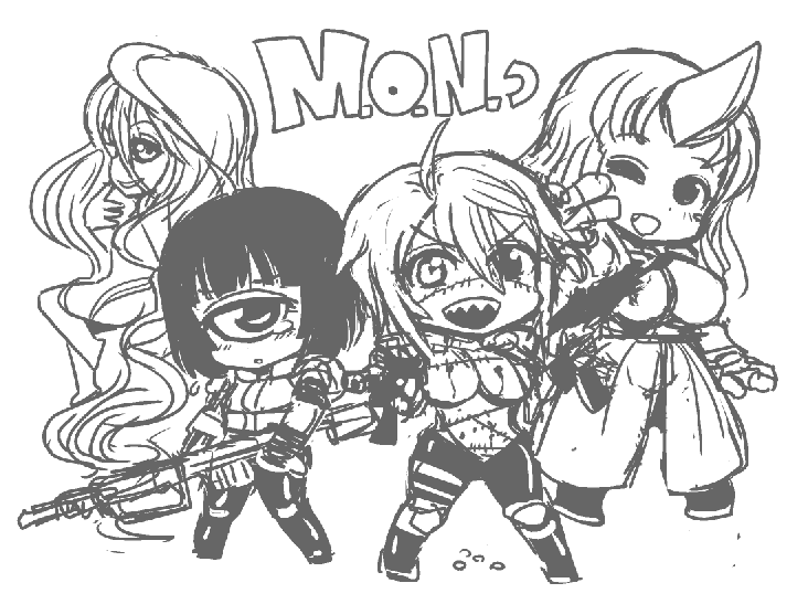 4girls absurdly_long_hair ass black_hair blood breasts breasts_outside bullet_hole bulletproof_vest chibi cyclops doppel_(monster_musume) doppelganger dual_wielding fang gun heterochromia horn long_hair manako monochrome monster_musume_no_iru_nichijou multiple_girls no_nipples nude one-eyed one_eye_closed oni open_clothes rifle scar shake-o sharp_teeth sketch smile sniper_rifle stitches submachine_gun tears tionishia very_long_hair weapon zombie zombina