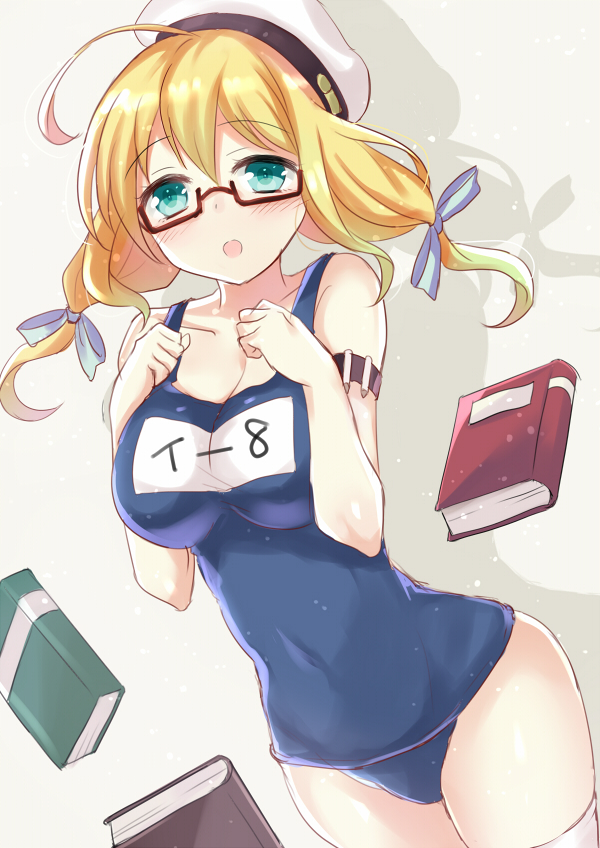 1girl :o ahoge aqua_eyes bare_shoulders blush book breasts brown-framed_glasses cleavage covered_navel glasses hair_ribbon hands_on_own_chest harimoji hat i-8_(kantai_collection) kantai_collection looking_at_viewer low_twintails name_tag ribbon sailor_hat school_swimsuit semi-rimless_glasses simple_background solo swimsuit twintails white_background