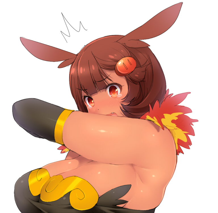 /\/\/\ 1girl akira_(natsumemo) armpits breasts brown_hair cleavage elbow_gloves emboar fang gloves hair_ornament open_mouth personification pokemon red_eyes solo tan tears