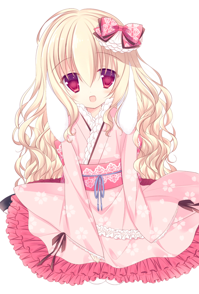1girl :d animal_ears blonde_hair frills hair_ornament japanese_clothes lolita_fashion long_hair looking_at_viewer open_mouth original rabbit_ears red_eyes sitting smile solo sumii wa_lolita