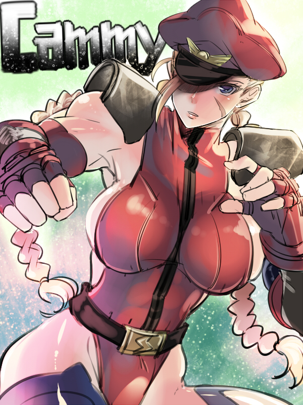 1girl alternate_costume belt blonde_hair blue_eyes braid breasts cammy_white character_name cosplay detached_sleeves fighting_stance fingerless_gloves gloves hat hat_over_one_eye large_breasts leotard long_hair peaked_cap ran_komomo scar shoulder_pads sideboob skin_tight solo street_fighter street_fighter_iv thigh-highs toned twin_braids vega vega_(cosplay)