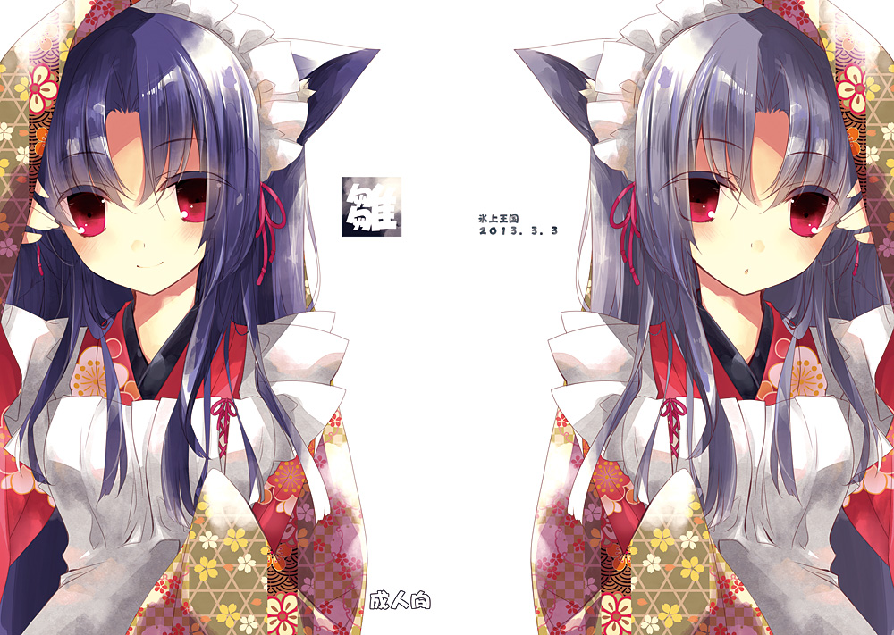 2girls animal_ears cat_ears cover cover_page doujin_cover japanese_clothes lolita_fashion long_hair looking_at_viewer maid maid_headdress mizuki_(pixiv2254368) multiple_girls original parted_lips purple_hair red_eyes silver_hair smile wa_lolita