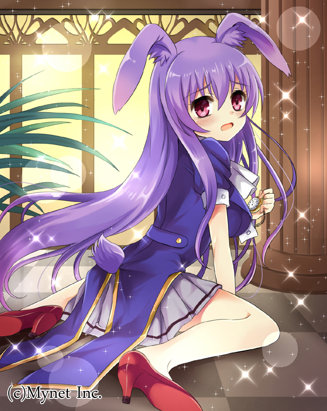 1girl angelmaster animal_ears bunny_tail harimoji holding long_hair looking_at_viewer official_art open_mouth original pleated_skirt pocket_watch purple_hair rabbit_ears sitting skirt solo sparkle tail violet_eyes watch