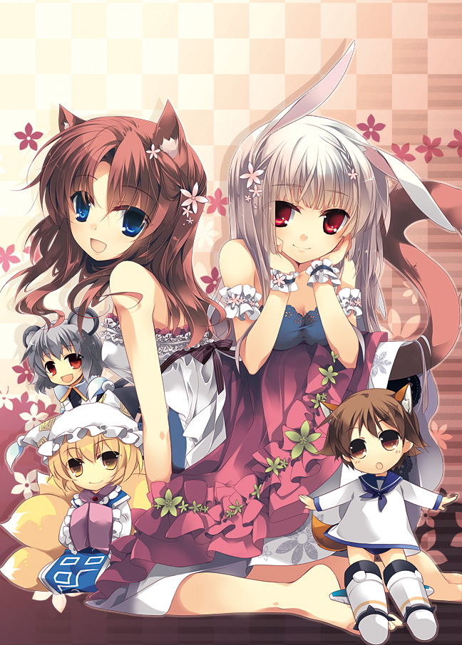 5girls :d animal_ears barefoot blonde_hair blue_eyes breasts brown_eyes brown_hair cat_ears cat_tail chibi cleavage crossover detached_sleeves dog_ears dog_tail fox_tail frills hair_ornament long_hair miyafuji_yoshika mizuki_(pixiv2254368) mouse_ears multiple_girls nazrin open_mouth original outstretched_arms rabbit_ears red_eyes school_uniform serafuku short_hair silver_hair sitting smile spread_arms strike_witches tail touhou wrist_cuffs yakumo_ran yellow_eyes