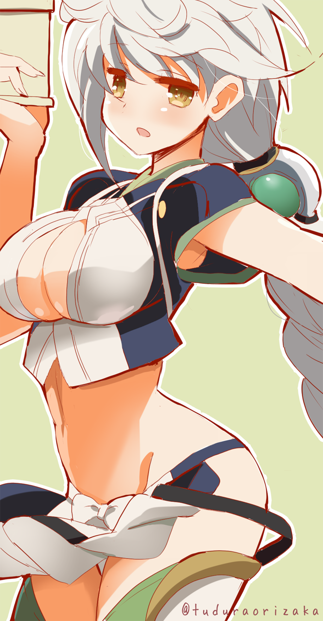 1girl 9law :o blush braid breasts cleavage_cutout cowboy_shot green_background highres kantai_collection large_breasts long_hair looking_at_viewer midriff single_braid solo thigh-highs twitter_username unryuu_(kantai_collection) very_long_hair yellow_eyes