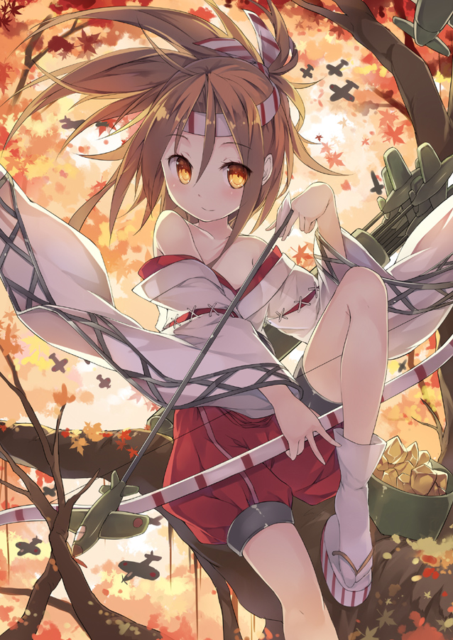 1girl airplane arrow bare_shoulders bow_(weapon) brown_eyes brown_hair fred04142 heart holding japanese_clothes kantai_collection looking_at_viewer ponytail sitting smile solo tree_branch weapon zuihou_(kantai_collection)
