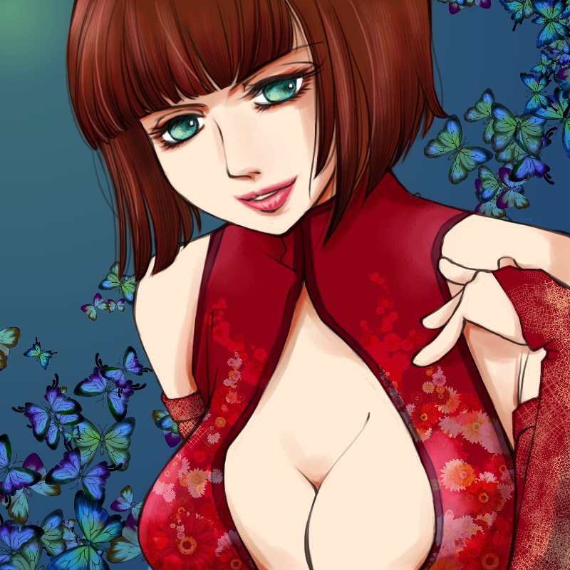 1girl anna_williams bangs bare_shoulders blue_eyes blunt_bangs bob_cut breasts bridal_gauntlets brown_hair bust china_dress chinese_clothes cleavage cleavage_cutout elbow_gloves enushi_(3_7_1) eyelashes eyeliner gloves large_breasts light_smile lips lipstick makeup short_hair solo tekken