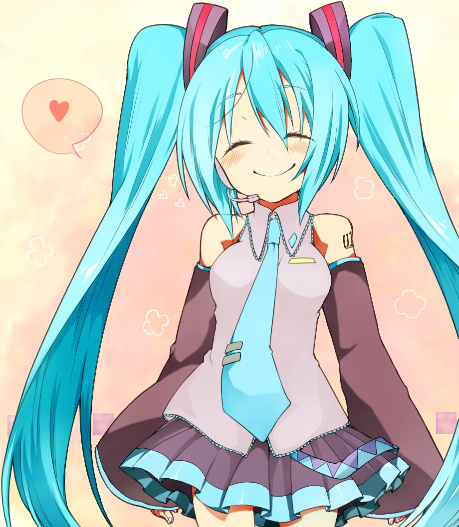 1girl ^_^ blue_hair blush closed_eyes colored detached_sleeves hatsune_miku headset heart long_hair necktie q_(aoba0906) skirt smile solo twintails very_long_hair vocaloid