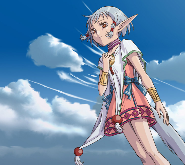 1girl blue_hair bow brown_eyes cape choker clouds expressionless from_below isha_(ys) long_pointy_ears official_art pink_skirt pointy_ears short_hair skirt sky solo standing tail taue_shunsuke ys ys_vi