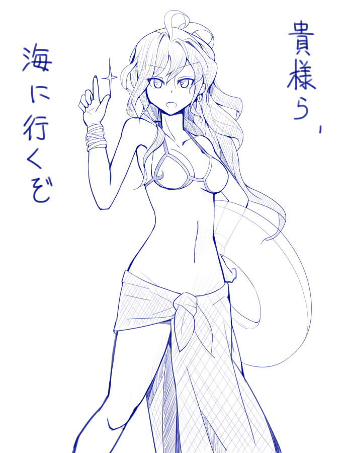 1girl ahoge archangel_metatron_(p&amp;d) bikini_top innertube long_hair looking_at_viewer memento_vivi monochrome navel pointing pointing_up ponytail puzzle_&amp;_dragons sarong solo translation_request