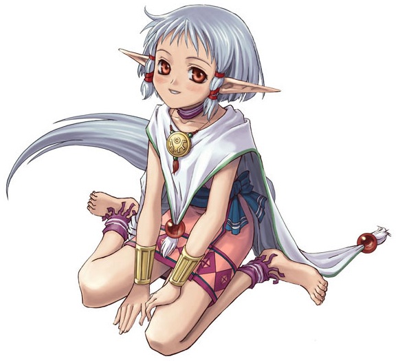 1girl anklet barefoot blue_hair brown_eyes cape choker isha_(ys) jewelry long_pointy_ears necklace official_art pointy_ears short_hair sitting skirt smile solo tail taue_shunsuke wariza white_background wrist_cuffs ys ys_vi