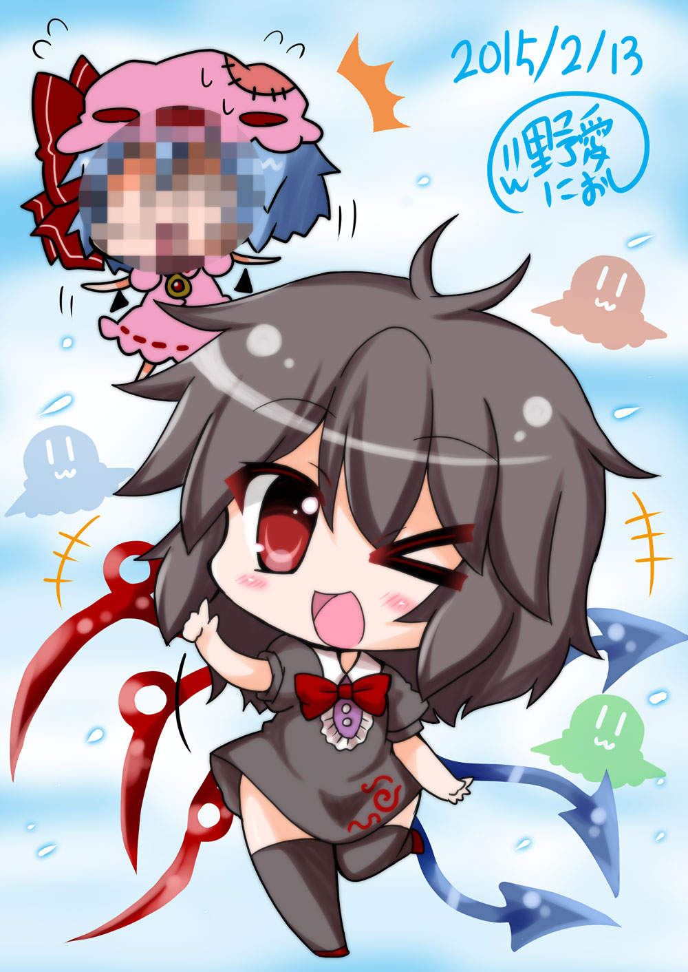 &gt;_o 2girls ;d =3 antenna_hair asymmetrical_wings bat_wings black_hair black_legwear censored chibi commentary_request flying_sweatdrops highres houjuu_nue identity_censor looking_at_viewer mob_cap mosaic_censoring multiple_girls noai_nioshi one_eye_closed open_mouth patch pink_eyes pink_hair red_eyes remilia_scarlet short_hair smile touhou wings