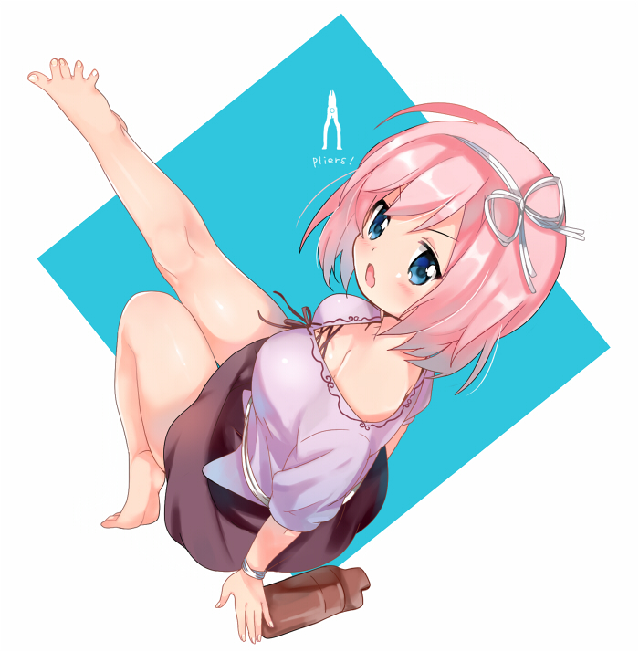 1girl barefoot blue_eyes feet hairband leg_up legs melompan open_mouth pink_hair short_hair skirt solo spread_toes tagme toes white_background