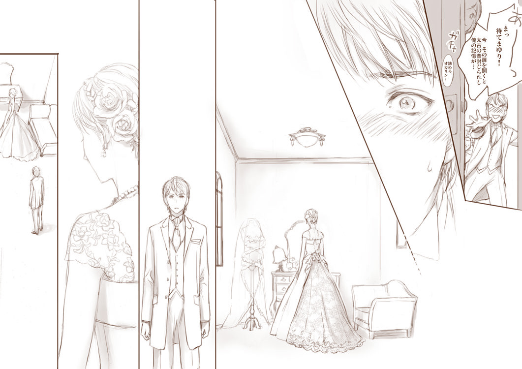 comic dress formal long_hair makise_kurisu miya_(hooooo) monochrome okabe_rintarou short_hair steins;gate suit translation_request wedding_dress