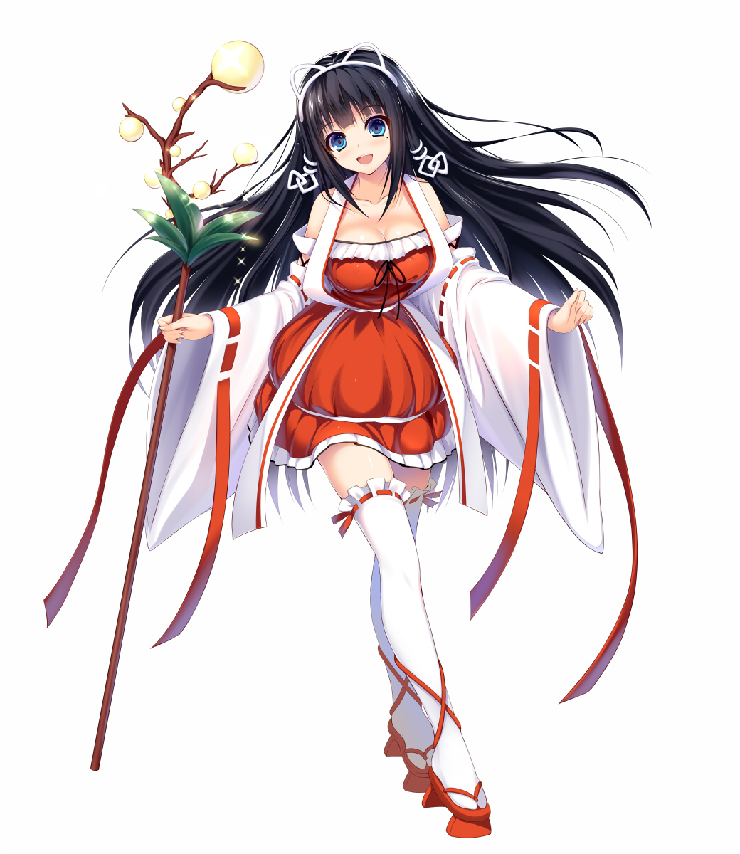 1girl :d black_hair blue_eyes breasts cleavage copyright_request detached_sleeves geta halterneck headband highres long_hair migumigu mole nontraditional_miko off_shoulder open_mouth smile staff tagme thigh-highs very_long_hair white_legwear