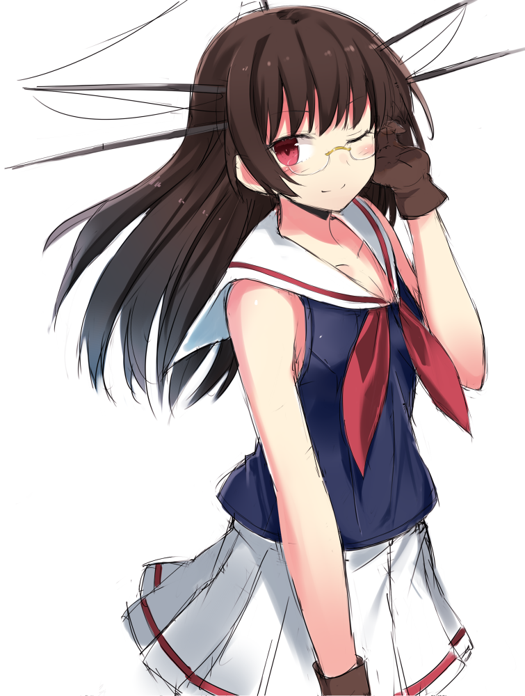 1girl 501092-taka bare_shoulders black_hair blush brown_gloves choukai_(kantai_collection) glasses gloves headgear kantai_collection long_hair looking_at_viewer neckerchief one_eye_closed pleated_skirt rimless_glasses sailor_collar simple_background skirt smile solo white_background white_skirt