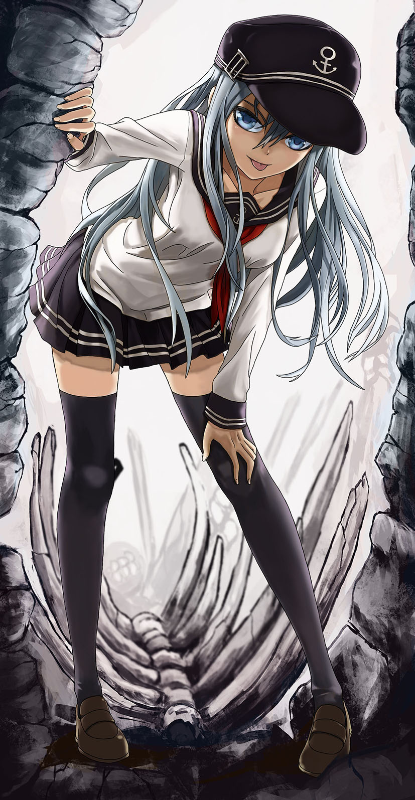 1girl :p anchor_symbol aqua_eyes aqua_hair black_legwear black_skirt bone cave collarbone flat_cap guangfu_bao_tong_meng0-0 hand_on_knee hat hibiki_(kantai_collection) highres kantai_collection leaning_forward long_hair long_sleeves looking_at_viewer neckerchief pigeon-toed pleated_skirt sailor_collar school_uniform serafuku skirt smile solo thigh-highs tongue tongue_out zettai_ryouiki