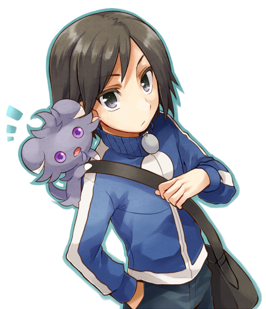 1boy bag black_eyes black_hair calme_(pokemon) espurr irouha no_hat pokemon pokemon_(creature) pokemon_(game) pokemon_xy satchel sitting_on_shoulder solo track_jacket violet_eyes