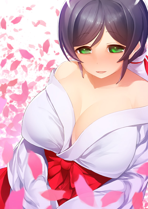 1girl bare_shoulders breasts cleavage green_eyes japanese_clothes katourennyu large_breasts long_hair love_live!_school_idol_project petals purple_hair smile solo toujou_nozomi