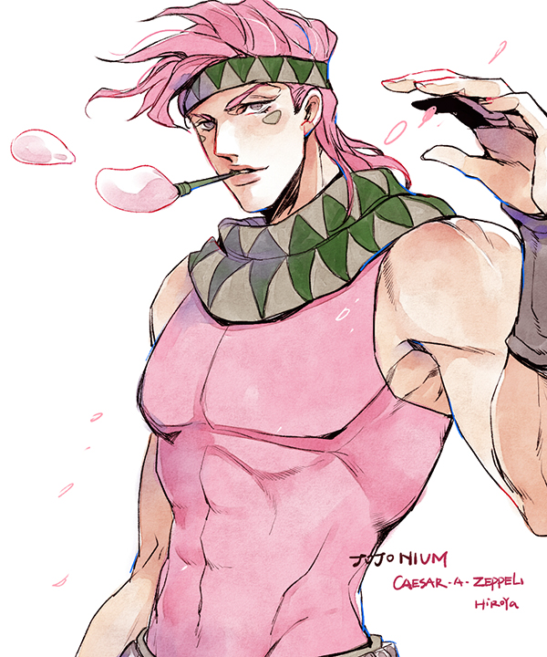 1boy bracer brown_eyes bubble_blowing bubble_pipe caesar_anthonio_zeppeli catsizuru facial_mark headband jojo_no_kimyou_na_bouken pink_hair scarf solo