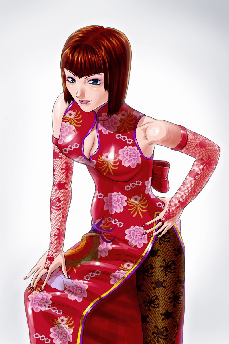 1girl anna_williams bare_shoulders blue_eyes bob_cut breasts bridal_gauntlets brown_hair china_dress chinese_clothes cleavage cleavage_cutout dress elbow_gloves floral_print gloves hand_on_hip highres hoite large_breasts lips nose pantyhose print_legwear short_hair side_slit sleeveless sleeveless_dress solo tekken