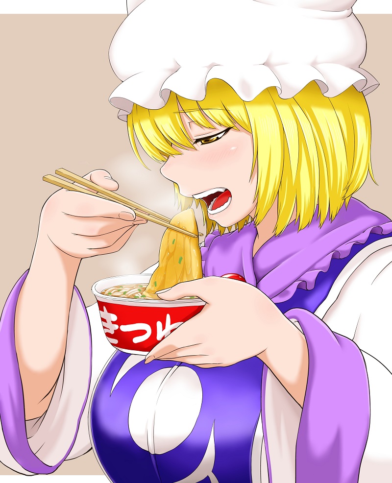 1girl blonde_hair eating hat kitsune_udon poronegi solo tabard touhou udon wide_sleeves yakumo_ran yellow_eyes