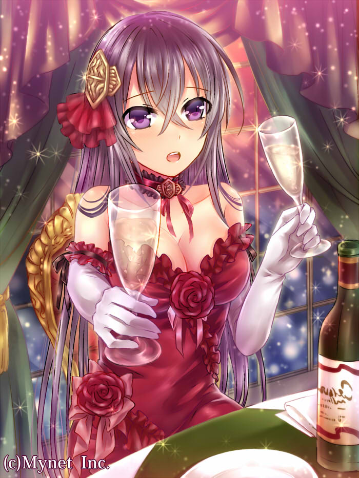 1girl alcohol angelmaster black_hair breasts champagne cleavage dress gift glass hair_ornament holding long_hair looking_at_viewer neme official_art open_mouth original red_dress solo violet_eyes
