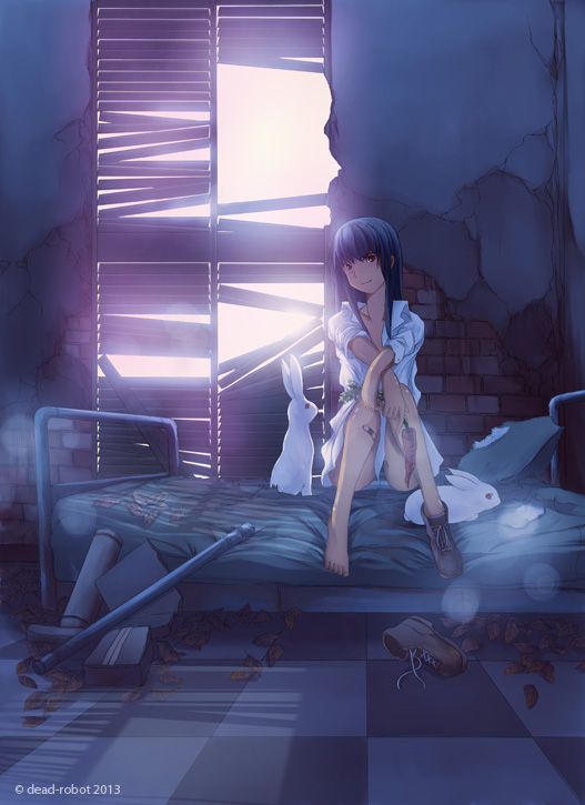 1girl artist_name bandaid blue_hair dead-robot long_hair looking_at_viewer naked_shirt original panties rabbit red_eyes sitting solo striped striped_panties underwear