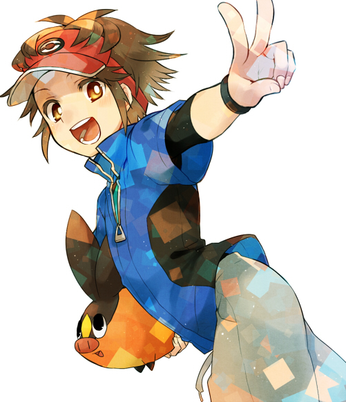 1boy blue_eyes brown_eyes brown_hair irouha kyouhei_(pokemon) pokemon pokemon_(creature) pokemon_(game) pokemon_bw2 short_hair short_sleeves solo tepig v visor_cap