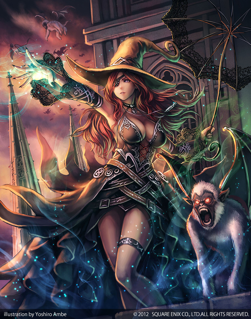 1girl anbe_yoshirou breasts cleavage detached_sleeves dress eyepatch fang hat legs long_hair monkey original pink_eyes red_eyes redhead square_enix thigh_strap umbrella witch witch_hat