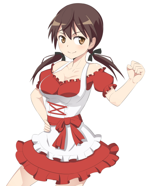 1girl alternate_costume blush breasts brown_eyes brown_hair caryo cleavage clenched_hand collarbone dirndl german_clothes gertrud_barkhorn hand_on_hip long_hair nanashino simple_background smile solo strike_witches twintails white_background