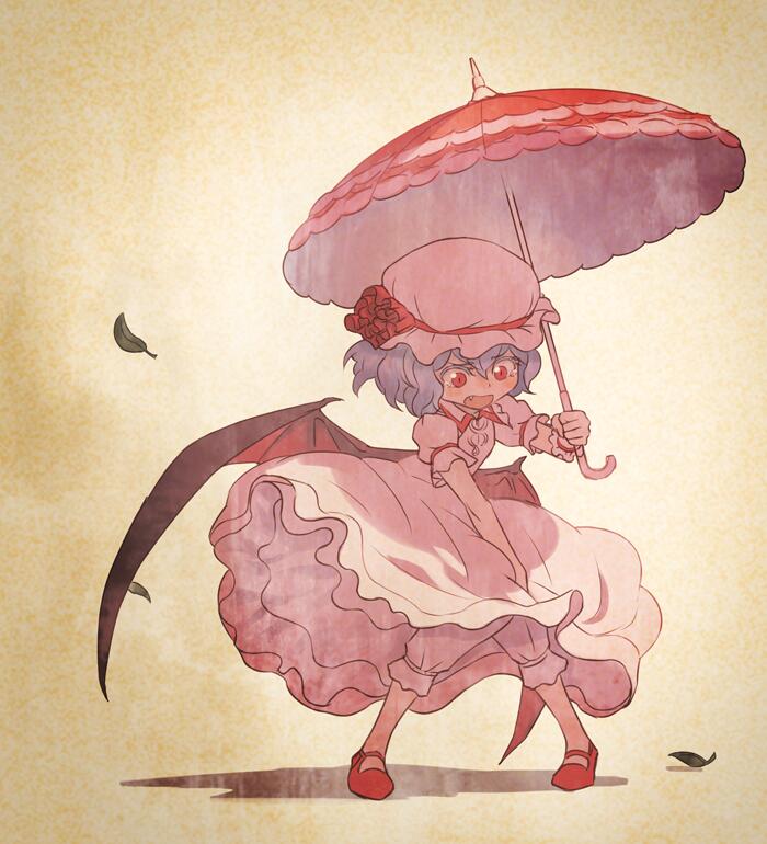 1girl bat_wings bloomers blue_hair blush dress fang full_body hat hat_ribbon leaf looking_down mary_janes mob_cap open_mouth parasol pink_dress puffy_sleeves red_eyes remilia_scarlet ribbon shoes short_sleeves simple_background solo tears touhou umbrella underwear wind wind_lift wings wrist_cuffs yamamomo_(plank)