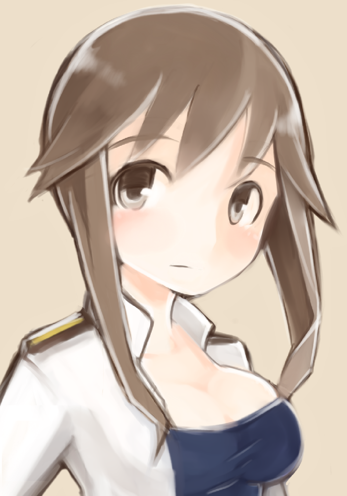 1girl breasts brown_eyes brown_hair bust cleavage long_hair military military_uniform ninomae01 payot solo strike_witches takei_junko uniform