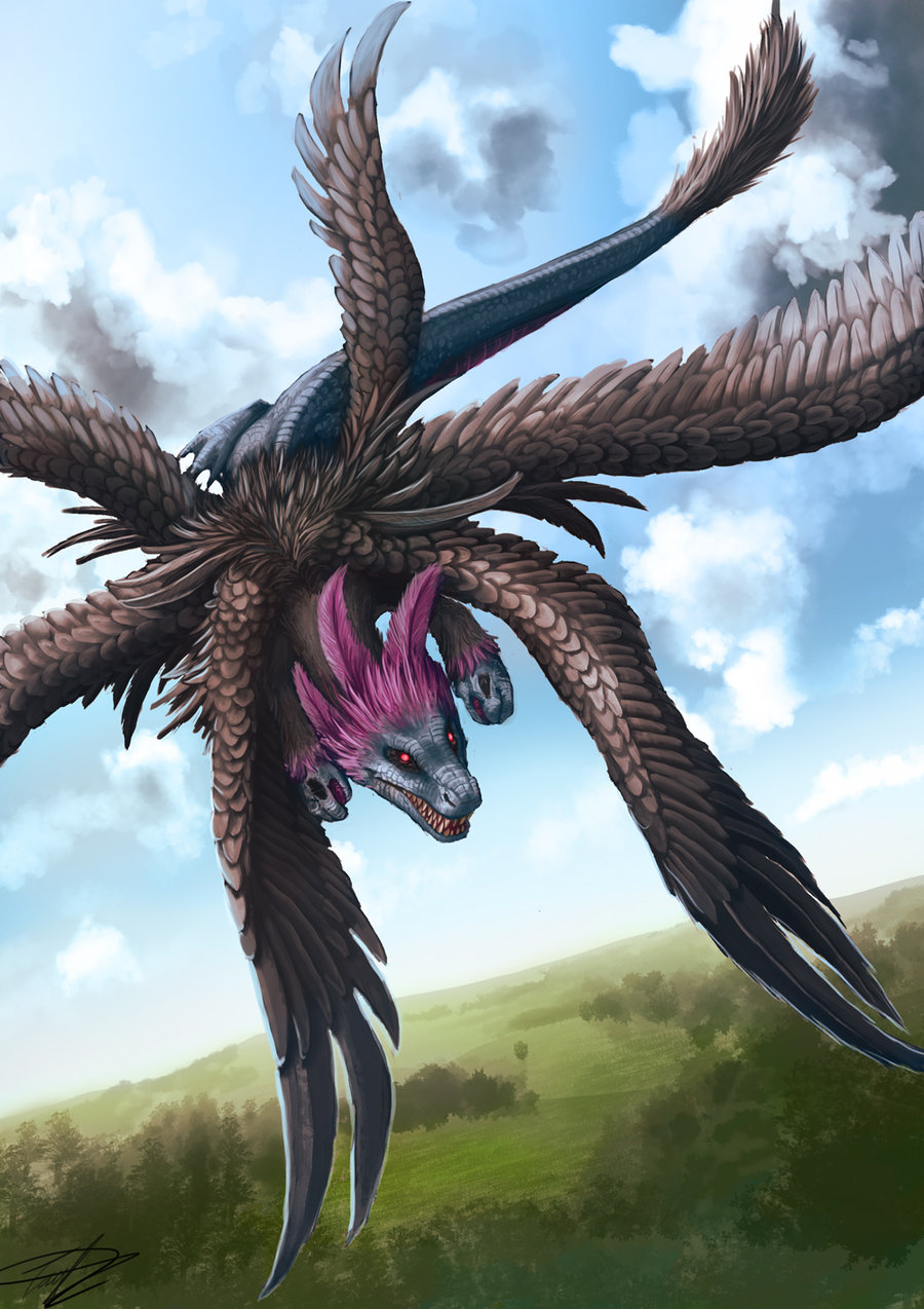 black_wings clouds dragon feather_hair feathered_wings feathers flying highres hydreigon multiple_heads multiple_wings nature no_humans pokemon pokemon_(creature) pokemon_(game) pokemon_bw realistic red_eyes ruth-tay sharp_teeth sky solo tail wings