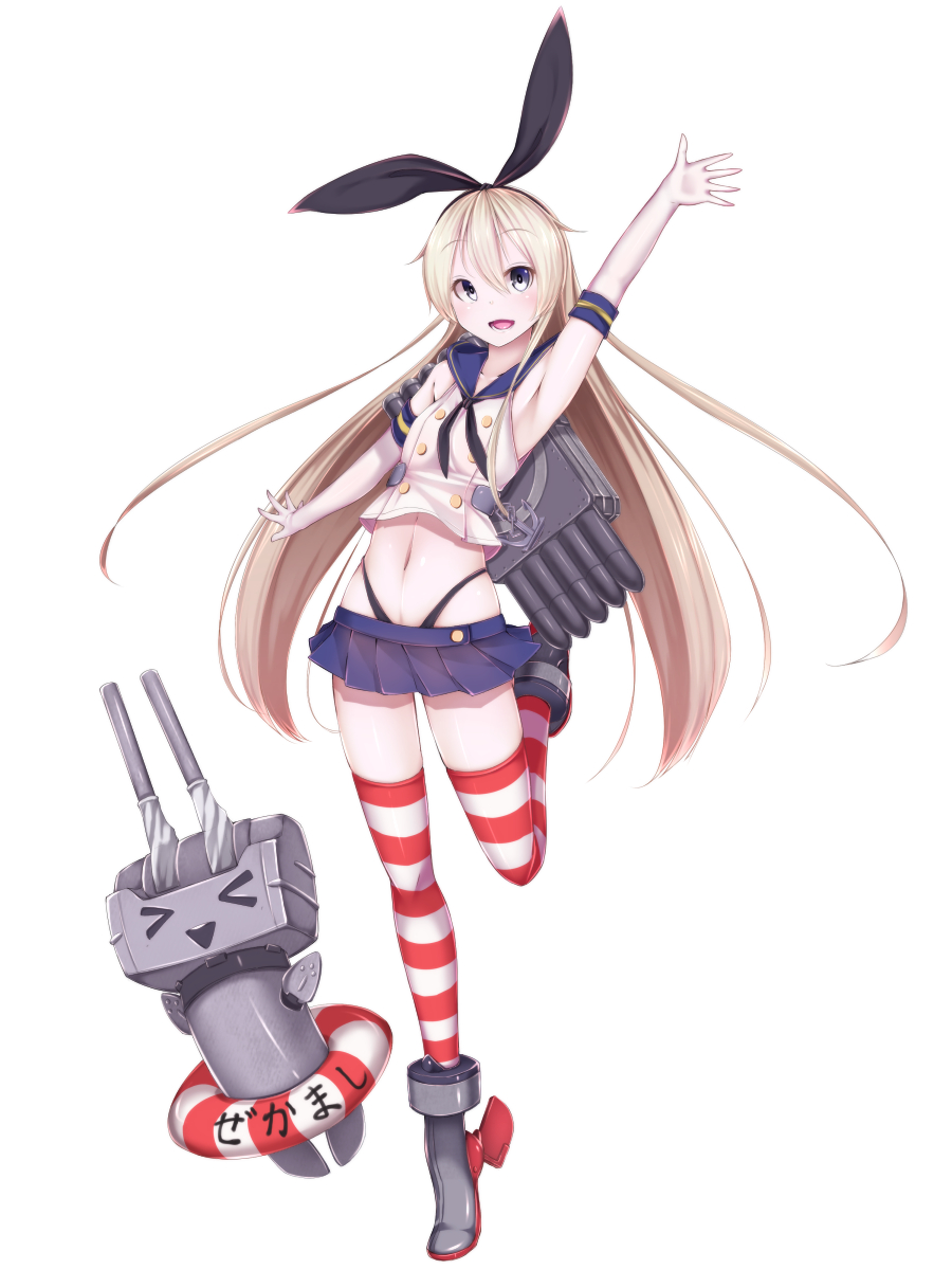 &gt;_&lt; 1girl anchor armpits blonde_hair blue_eyes blue_skirt elbow_gloves gloves hairband highres kantai_collection long_hair navel open_mouth rensouhou-chan shimakaze_(kantai_collection) simple_background skirt striped striped_legwear thigh-highs waterdog white_background white_gloves