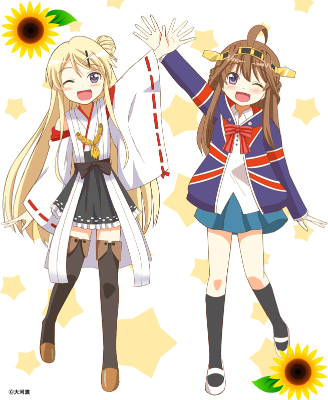 2girls :d ;d ahoge arm_up bare_shoulders black_legwear black_skirt blonde_hair blue_skirt blush boots bowtie brown_hair commentary_request cosplay costume_switch crossover detached_sleeves double_bun flower frilled_skirt frills full_body hair_ornament hairband hairclip headgear jacket japanese_clothes kantai_collection kin'iro_mosaic kneehighs kongou_(kantai_collection) kujou_karen lace lace-trimmed_thighhighs long_hair looking_at_viewer multiple_girls nontraditional_miko ookawa_wataru open_clothes open_jacket open_mouth pleated_skirt revision ribbon-trimmed_sleeves ribbon_trim school_uniform seiyuu_connection skirt smile star starry_background sunflower thigh_boots thighhighs touyama_nao union_jack very_long_hair violet_eyes wide_sleeves wink