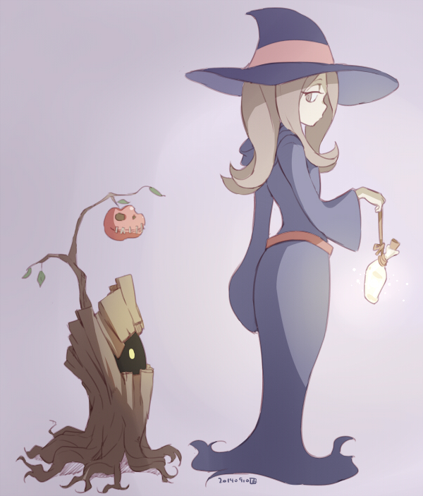 1girl hair_over_one_eye hat little_witch_academia long_hair looking_back nagian solo sucy_manbabalan tree wand witch witch_hat