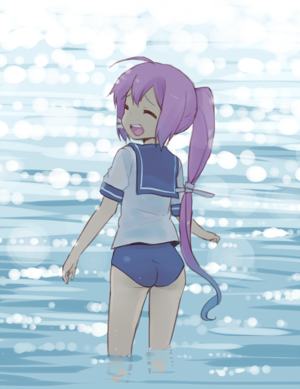 1girl closed_eyes i-168_(kantai_collection) kantai_collection long_hair looking_back nagian open_mouth ponytail redhead school_swimsuit school_uniform serafuku smile swimsuit swimsuit_under_clothes wading water