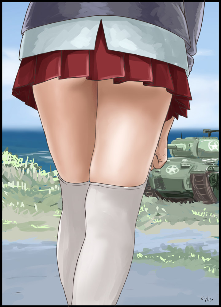 1girl adjusting_clothes adjusting_legwear border close-up cyber_(cyber_knight) from_behind girls_und_panzer insignia kay_(girls_und_panzer) legs m24_chaffee military military_vehicle ocean over-kneehighs pleated_skirt signature skirt sky solo tank thigh-highs vehicle white_legwear zettai_ryouiki