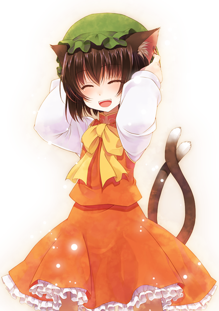 1girl :d ^_^ ^o^ animal_ears bow brown_hair cat_ears cat_tail chen closed_eyes crote frilled_skirt frills hat multiple_tails open_mouth shirt short_hair skirt smile tail touhou two_tails vest