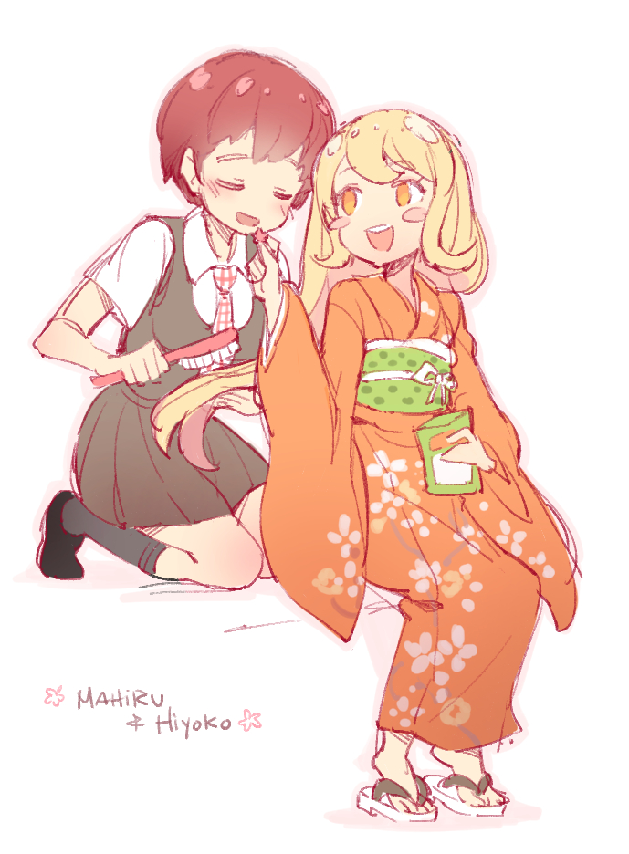 2girls blonde_hair closed_eyes dangan_ronpa gebyy-terar japanese_clothes kimono koizumi_mahiru long_hair multiple_girls necktie redhead saionji_hiyoko school_uniform short_hair yellow_eyes