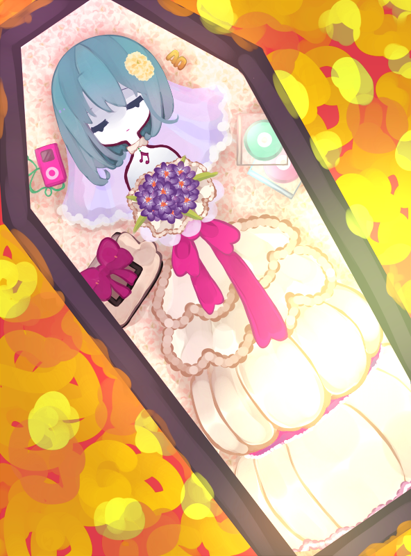 1girl blue_hair bouquet cd cd_case choker closed_eyes coffin corpse digital_media_player dress flower funeral hair_ornament hairclip ipod lolly_(mcr_cc) lying mahou_shoujo_madoka_magica miki_sayaka mp3 musical_note school_uniform short_hair solo spoilers veil wedding_dress