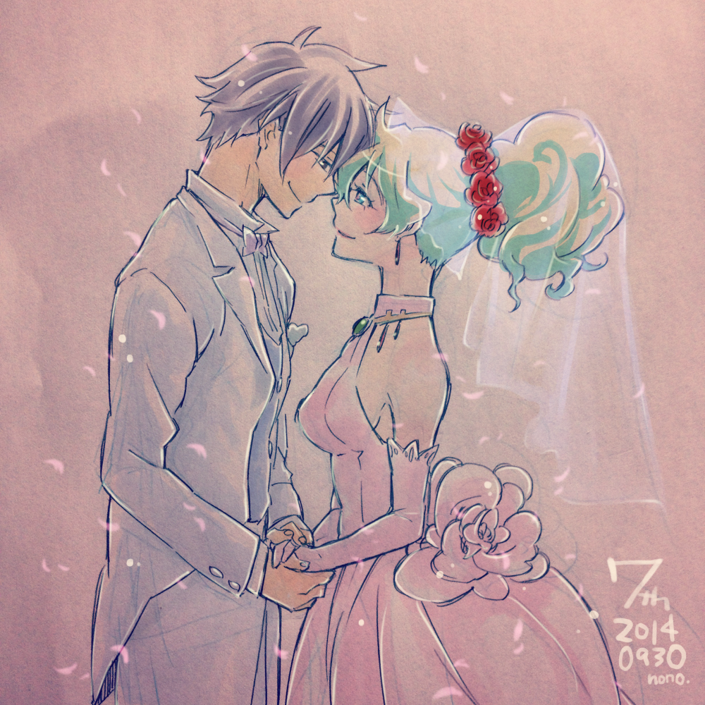 1boy 1girl blue_hair couple dress earrings elbow_gloves eye_contact flower gloves hair_flower hair_ornament holding_hands husband_and_wife jewelry looking_at_another multicolored_hair nia_teppelin nonosaki ponytail simon smile tengen_toppa_gurren_lagann traditional_media tuxedo two-tone_hair veil wedding_dress