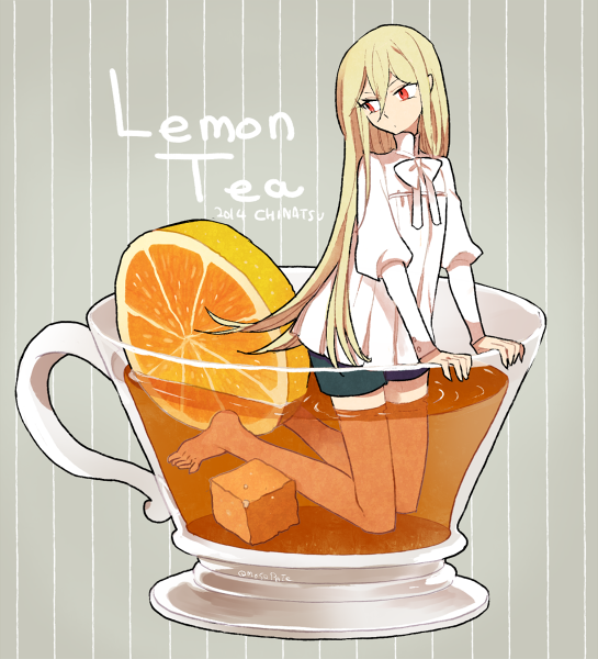 1boy afuro_terumi androgynous artist_name barefoot blonde_hair cup dated english food fruit inazuma_eleven inazuma_eleven_(series) l_hakase lemon long_hair looking_back male oversized_object red_eyes solo tea teacup trap very_long_hair